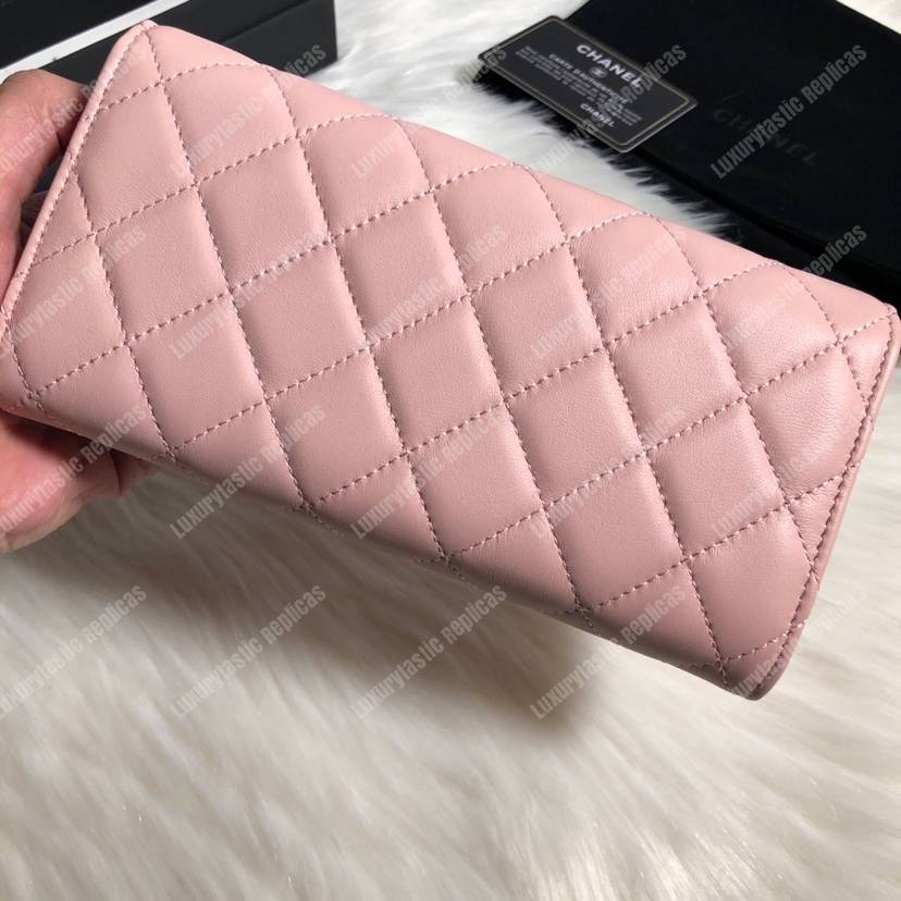 Ch*el classic long flap wallet silver tone pink