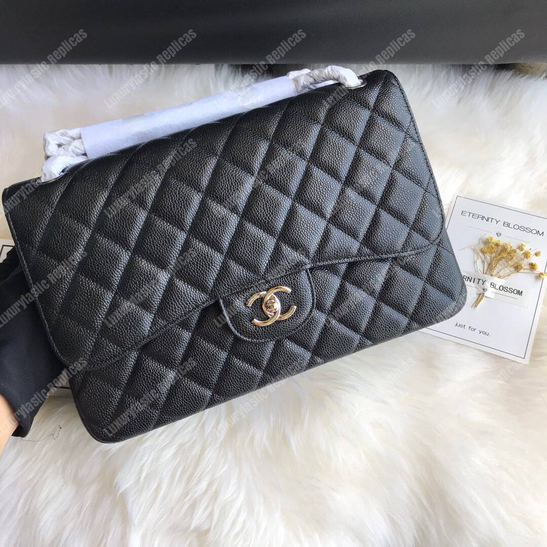 Ch*el classic maxi handbag black grained calfskin silver-toned