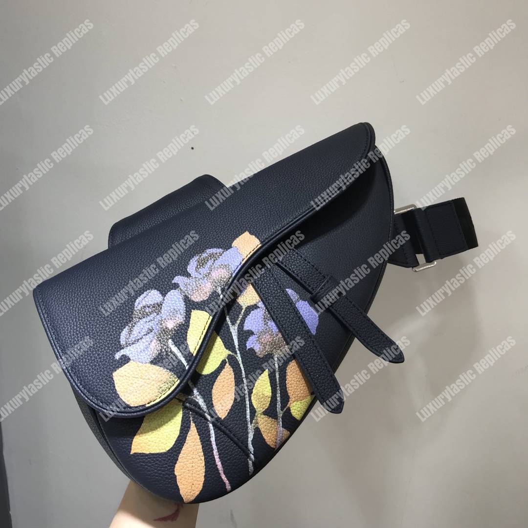 D*or saddle bag navy blue grained calfskin and alex foxton floral