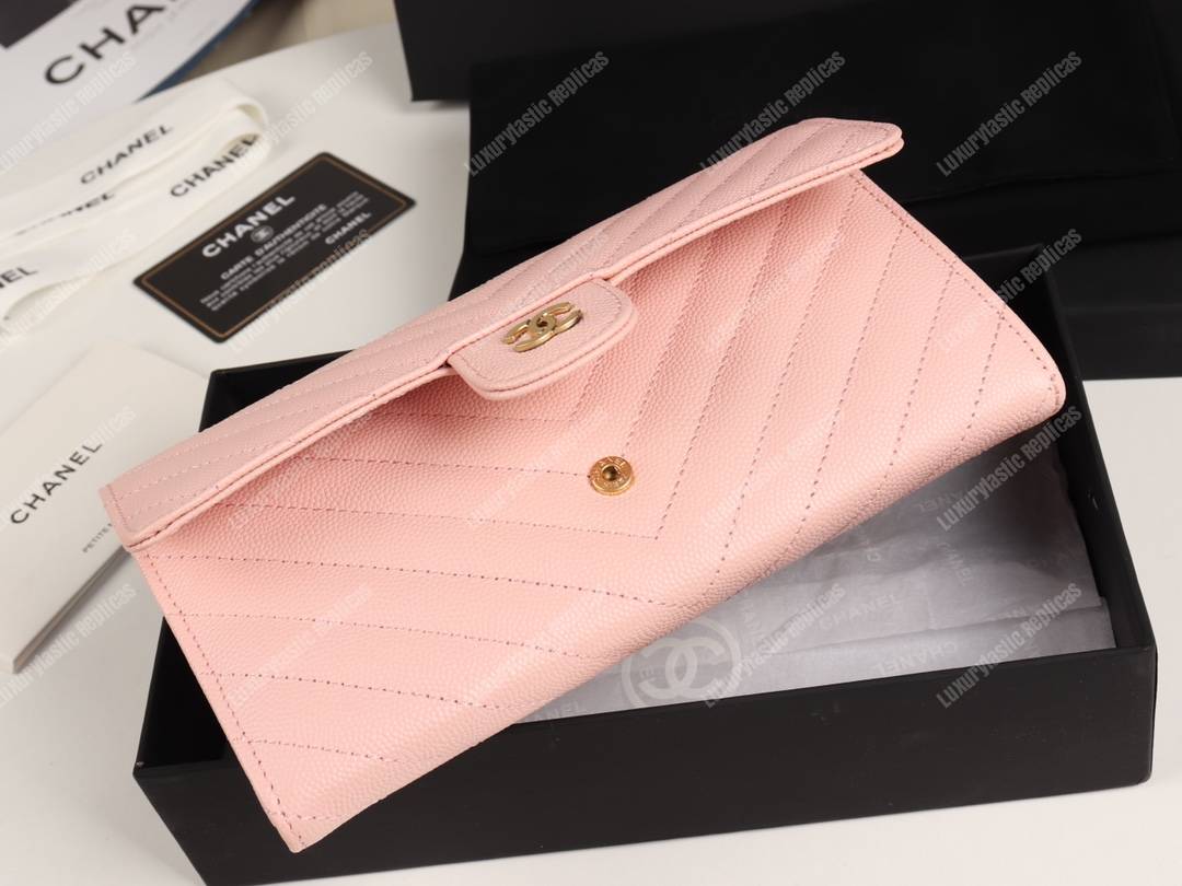 Ch*el classic long flap wallet gold tone pink