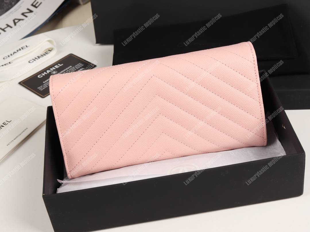 Ch*el classic long flap wallet chevron caviar pink