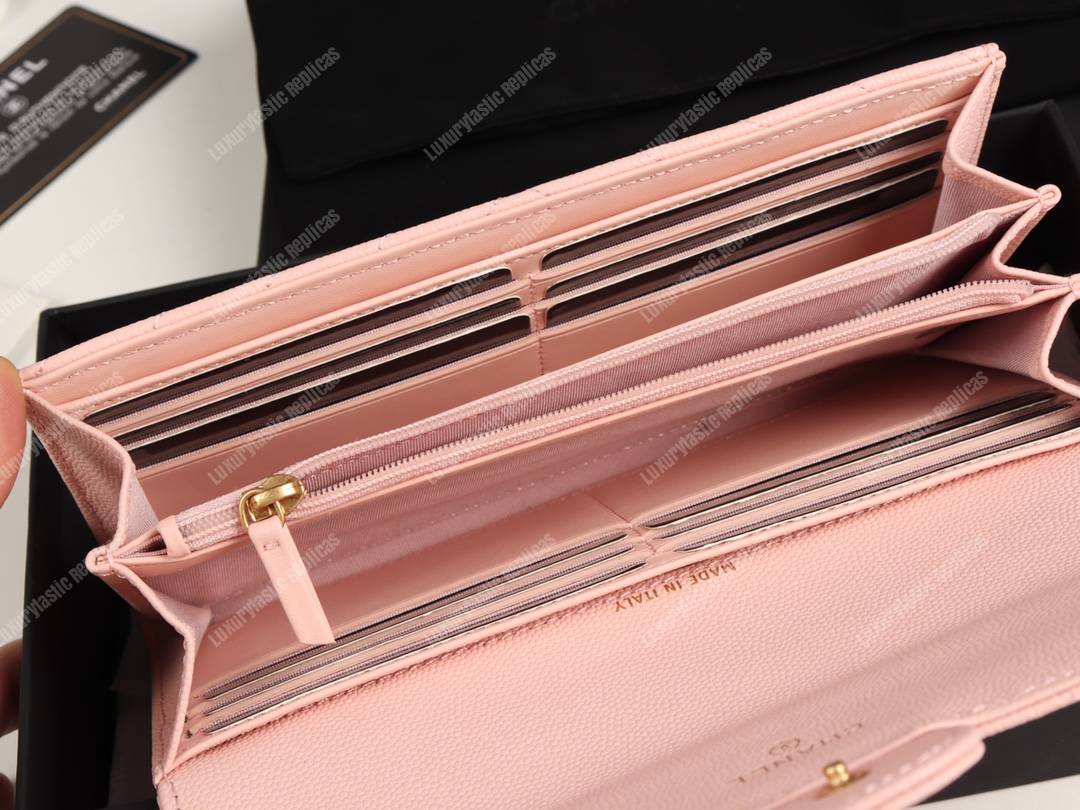 Ch*el classic long flap wallet gold tone pink