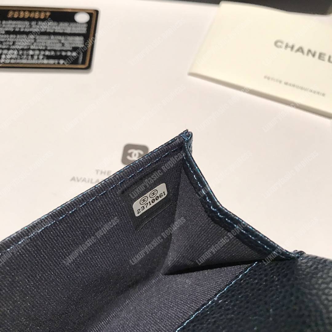 Ch*el classic card holder grained calfskin iridescent turquoise