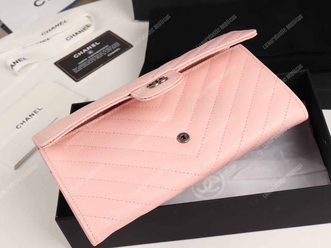 Ch*el classic long flap wallet chevron caviar pink
