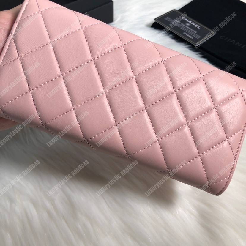 Ch*el classic long flap wallet lambskin leather pink