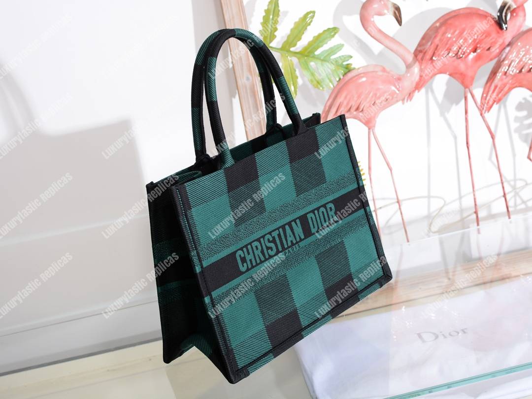 mini D*or book tote in green & black embroidered canvas