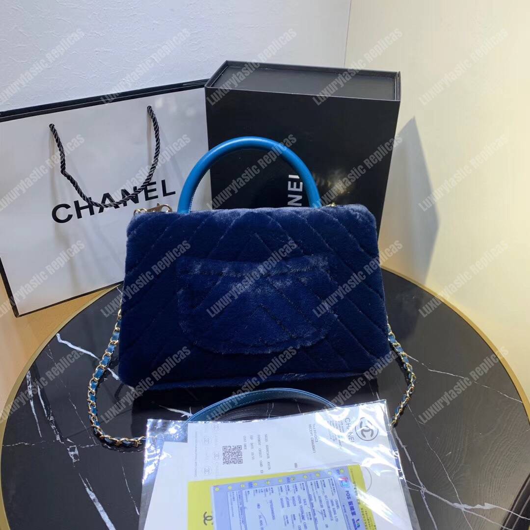 Ch*el flap bag with top handle blue