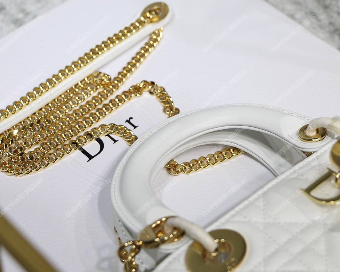 mini lady D*or lambskin bag storm white gold-tone metal