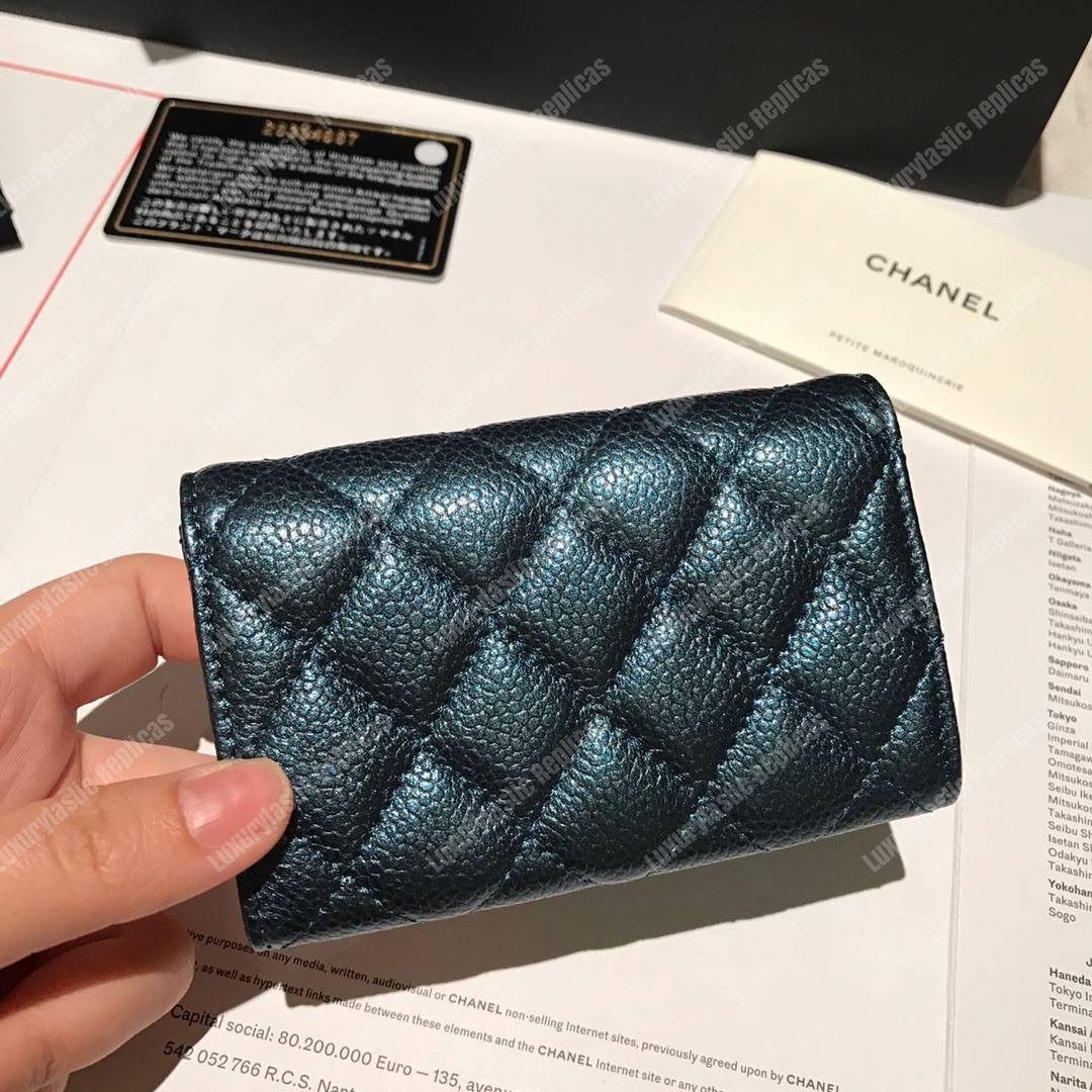 Ch*el classic card holder grained calfskin iridescent turquoise