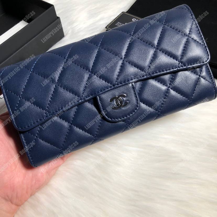 Ch*el classic long flap wallet silver tone navy blue
