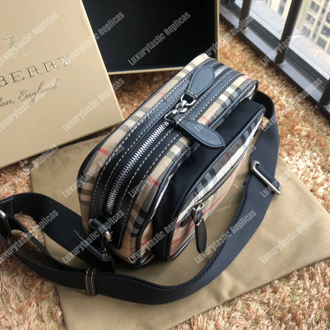 B**rry vintage check and leather crossbody bag archive beige