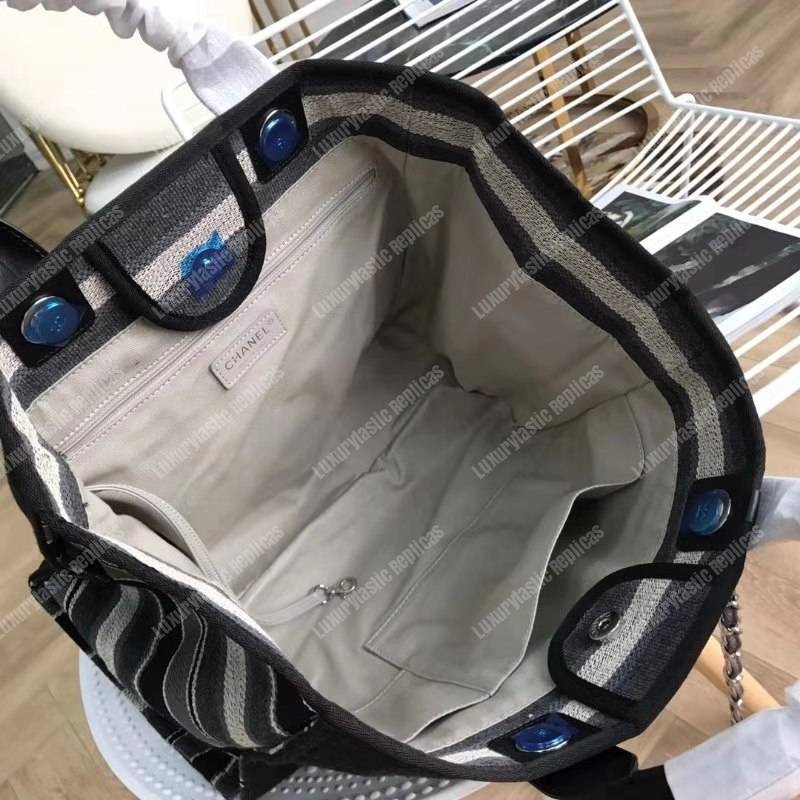 Ch*el deauville fabric tote black with grey, black and white stripes