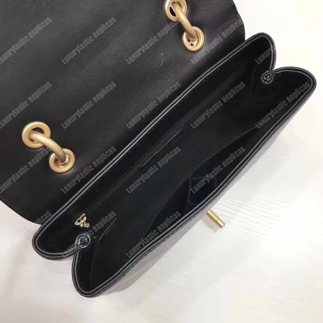 Ch*el chevron stitched chain top handle flap bag black