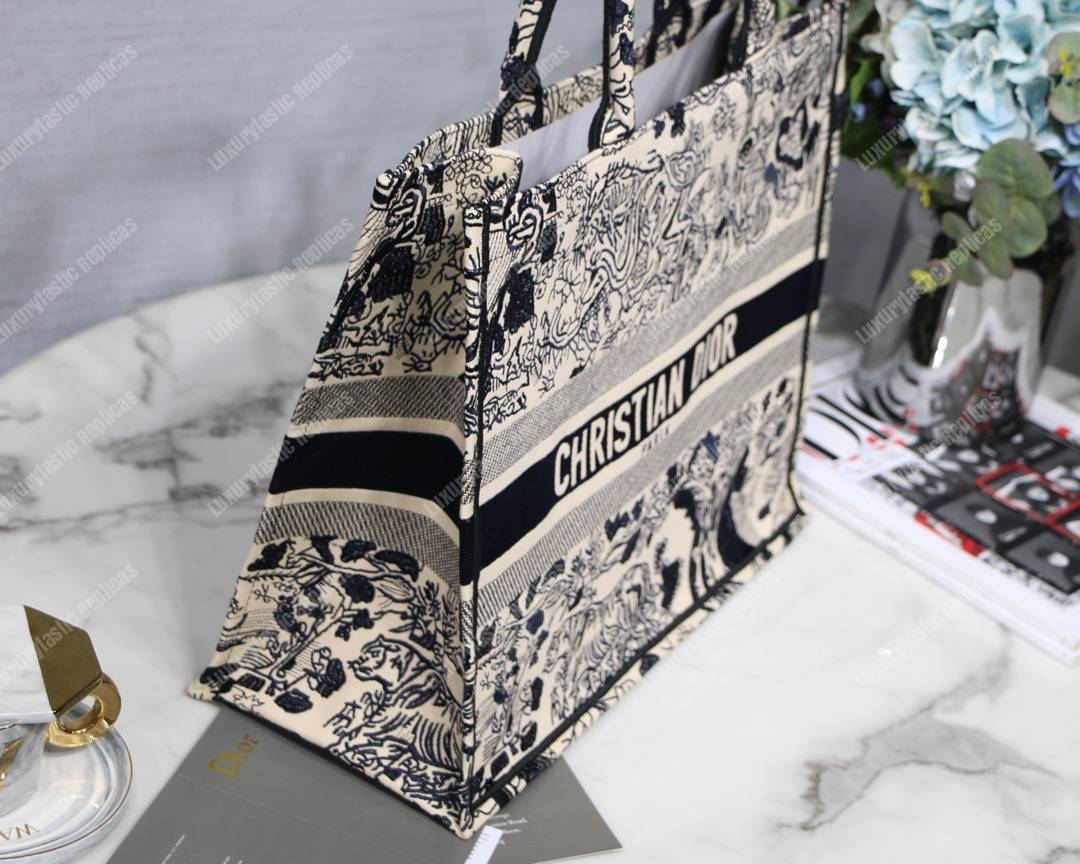 D*or book tote bag embroidered black & white toile de jouy carnivora