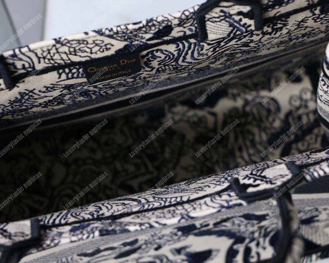 D*or book tote bag embroidered black & white toile de jouy carnivora