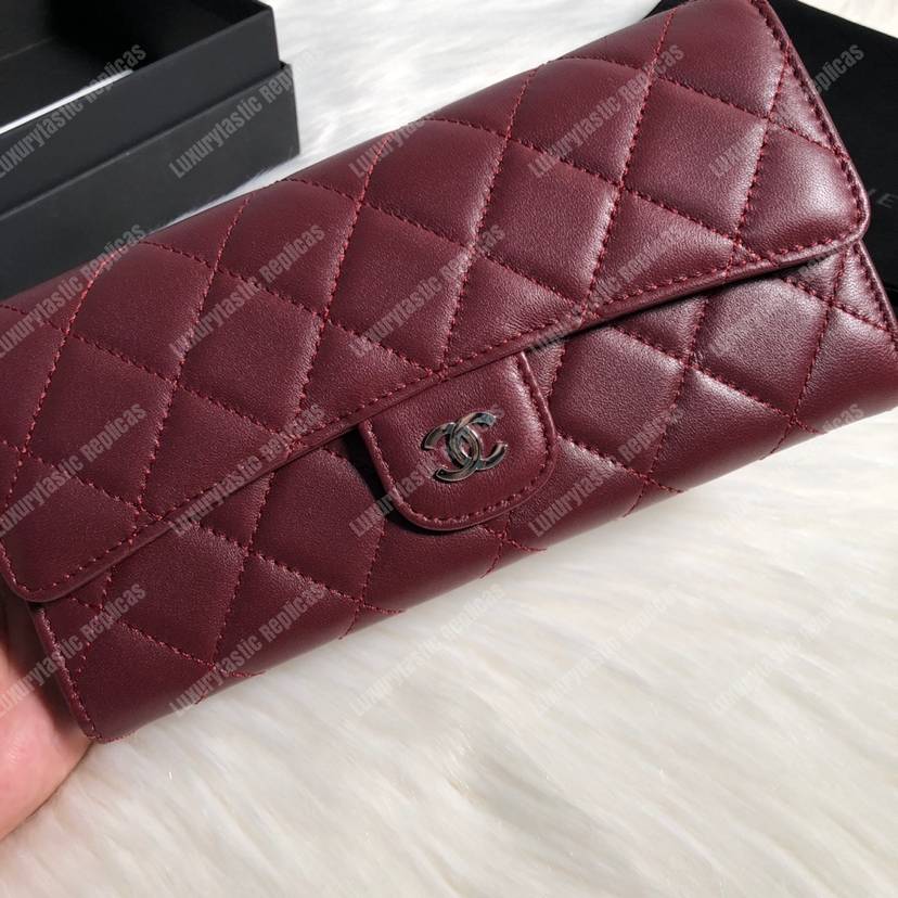 Ch*el classic long flap wallet lambskin leather burgundy