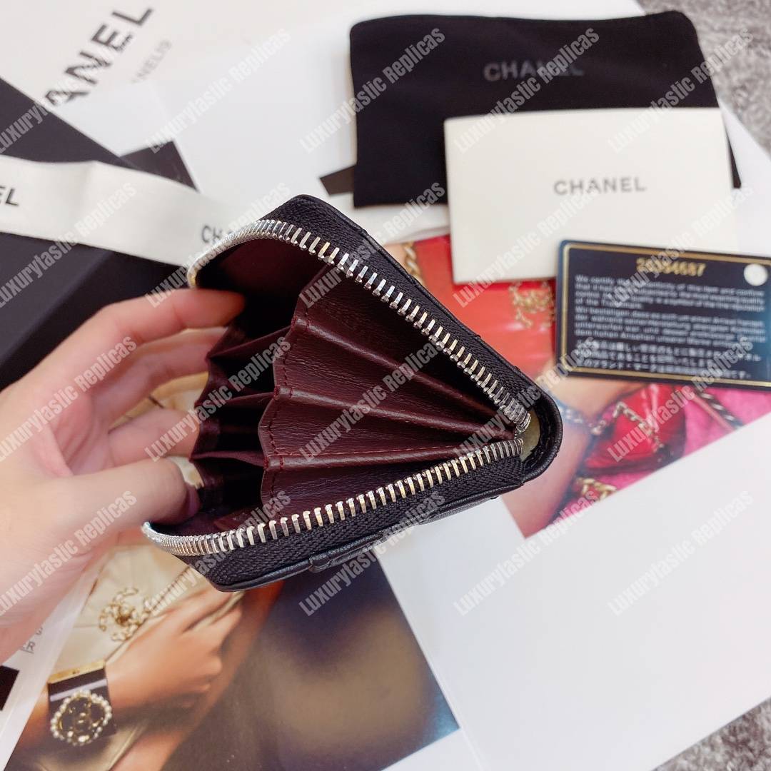 Classic Zipped Card Holder Silver Toned Lambskin Black