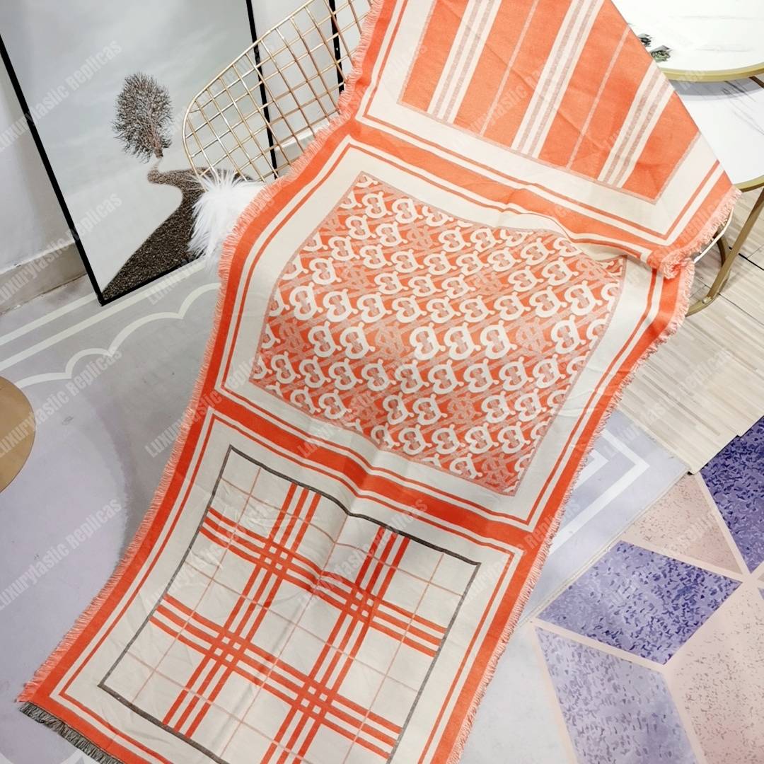 B**rry check, monogram and striped print silk scarf orange