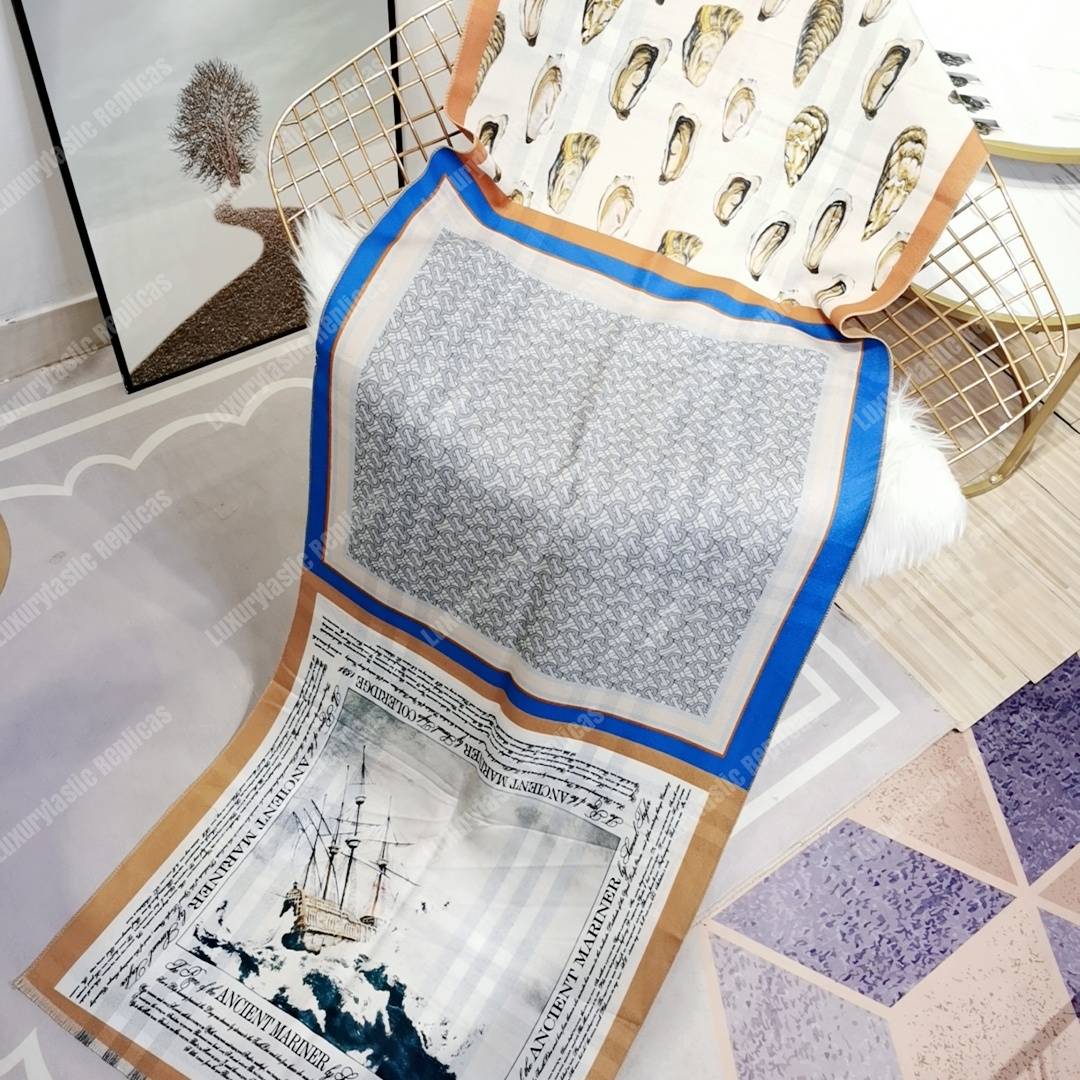 B**rry oyster, blue monogram and mariner print silk scarf archive beige