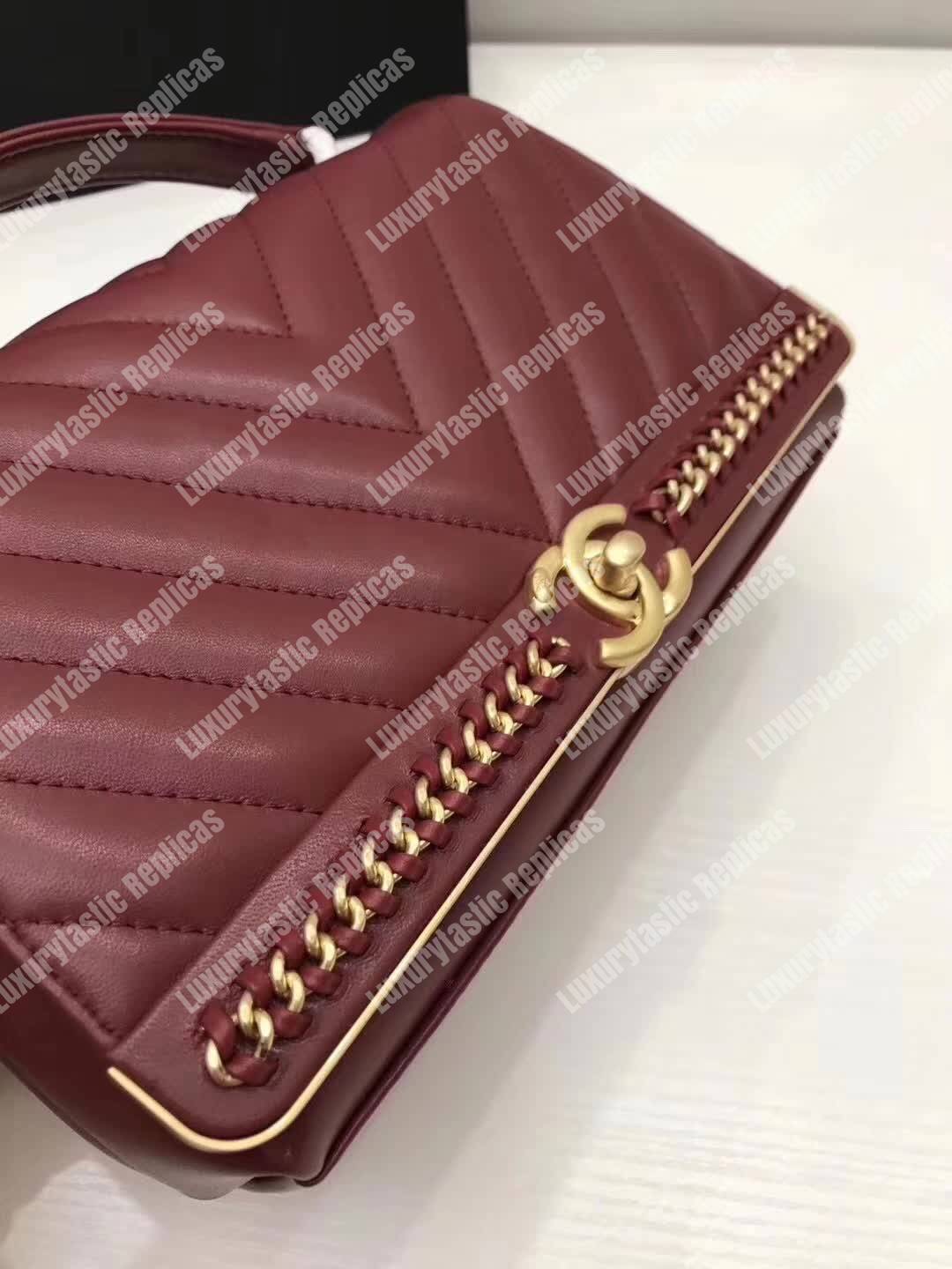 Ch*el chevron stitched chain top handle flap bag red