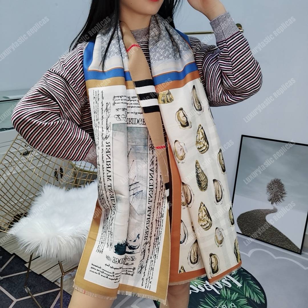B**rry oyster, blue monogram and mariner print silk scarf archive beige