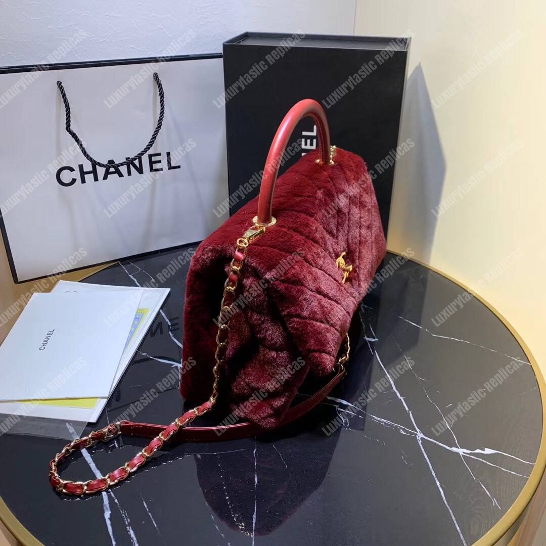 Ch*el flap bag with top handle burgundy