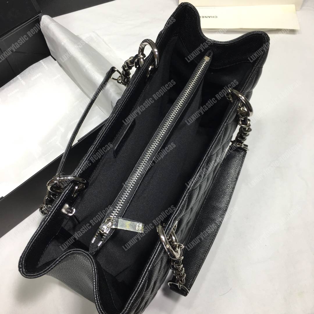 Ch*el large shopping tote silver tone black