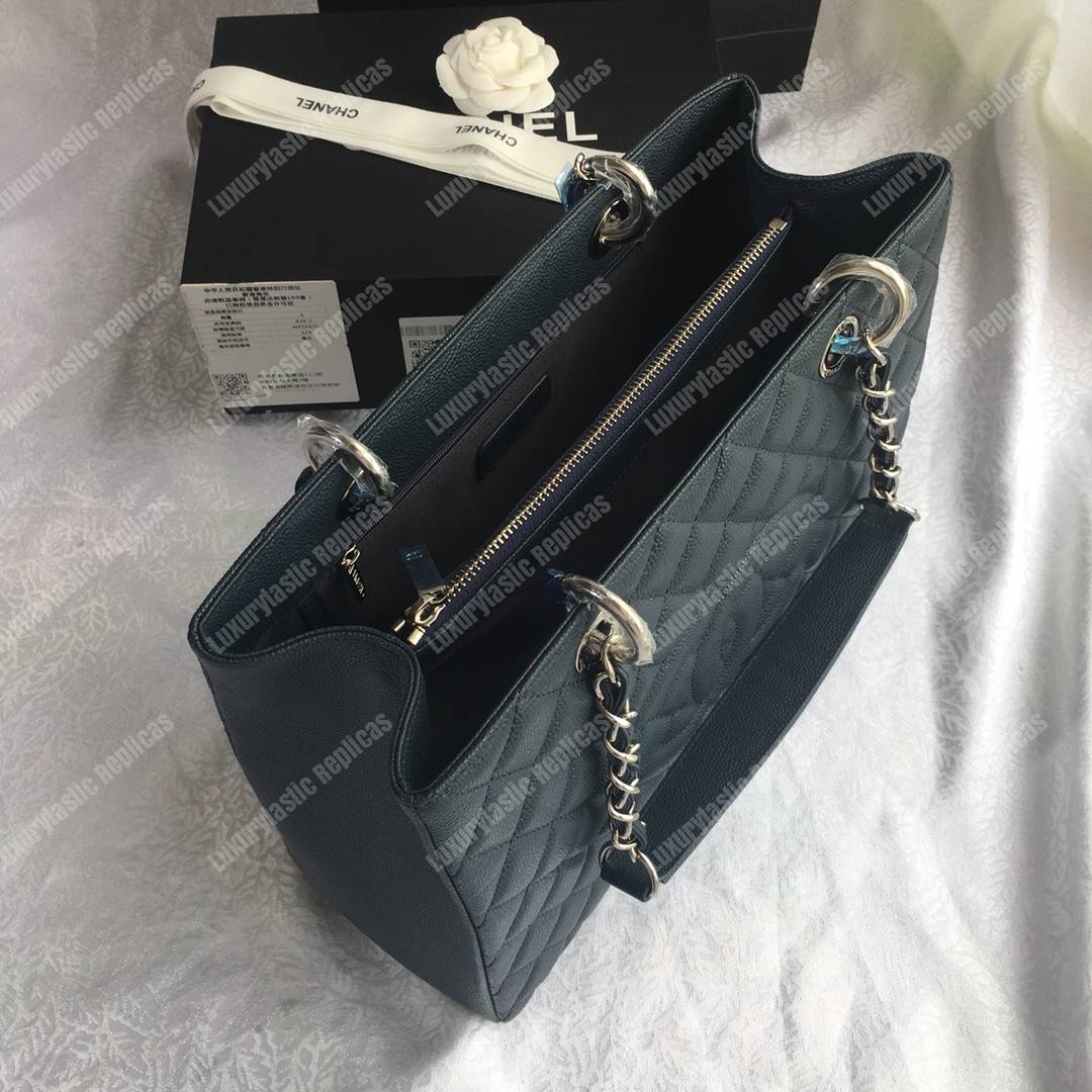 Ch*el large shopping tote silver tone dark green