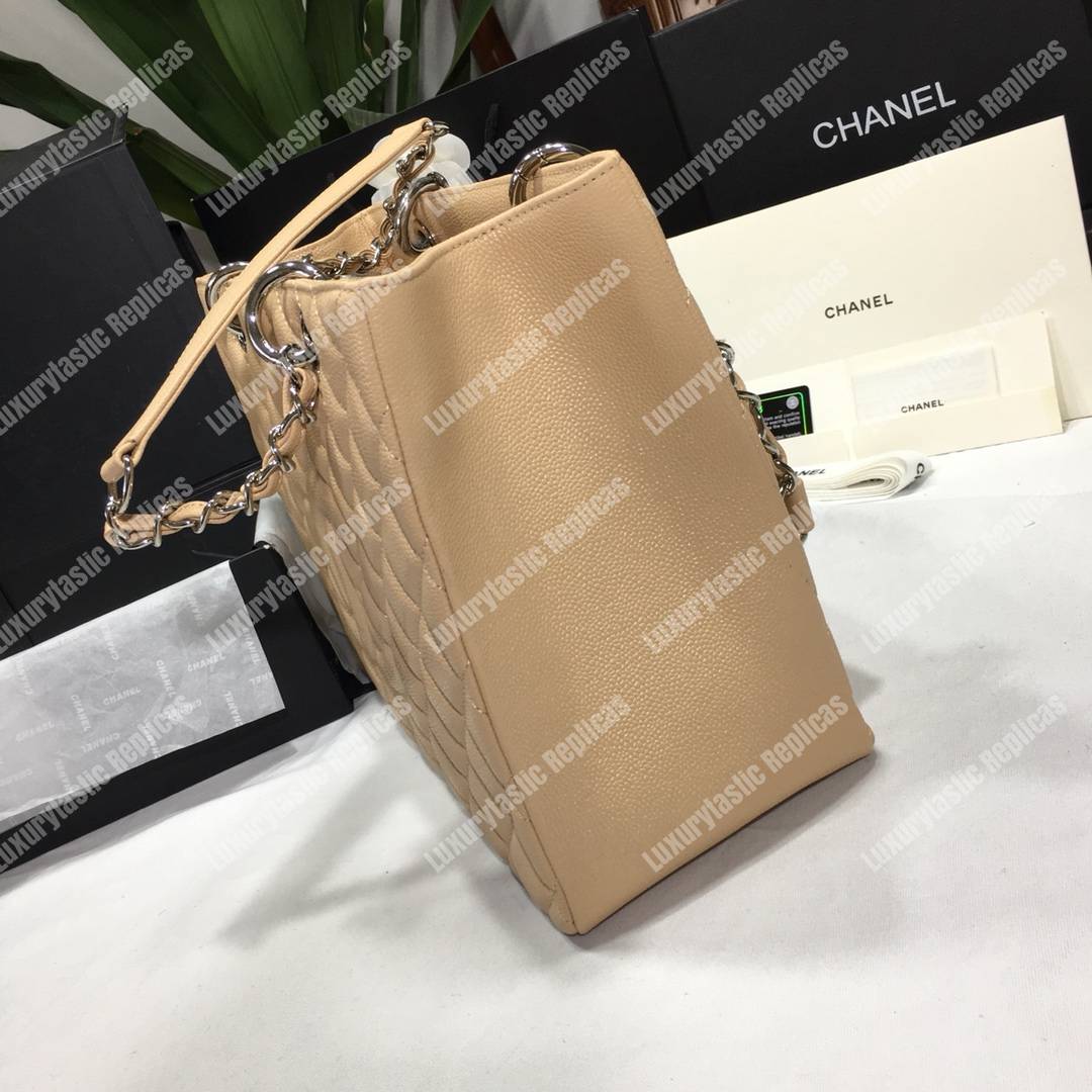 Ch*el large shopping tote beige silver hardware
