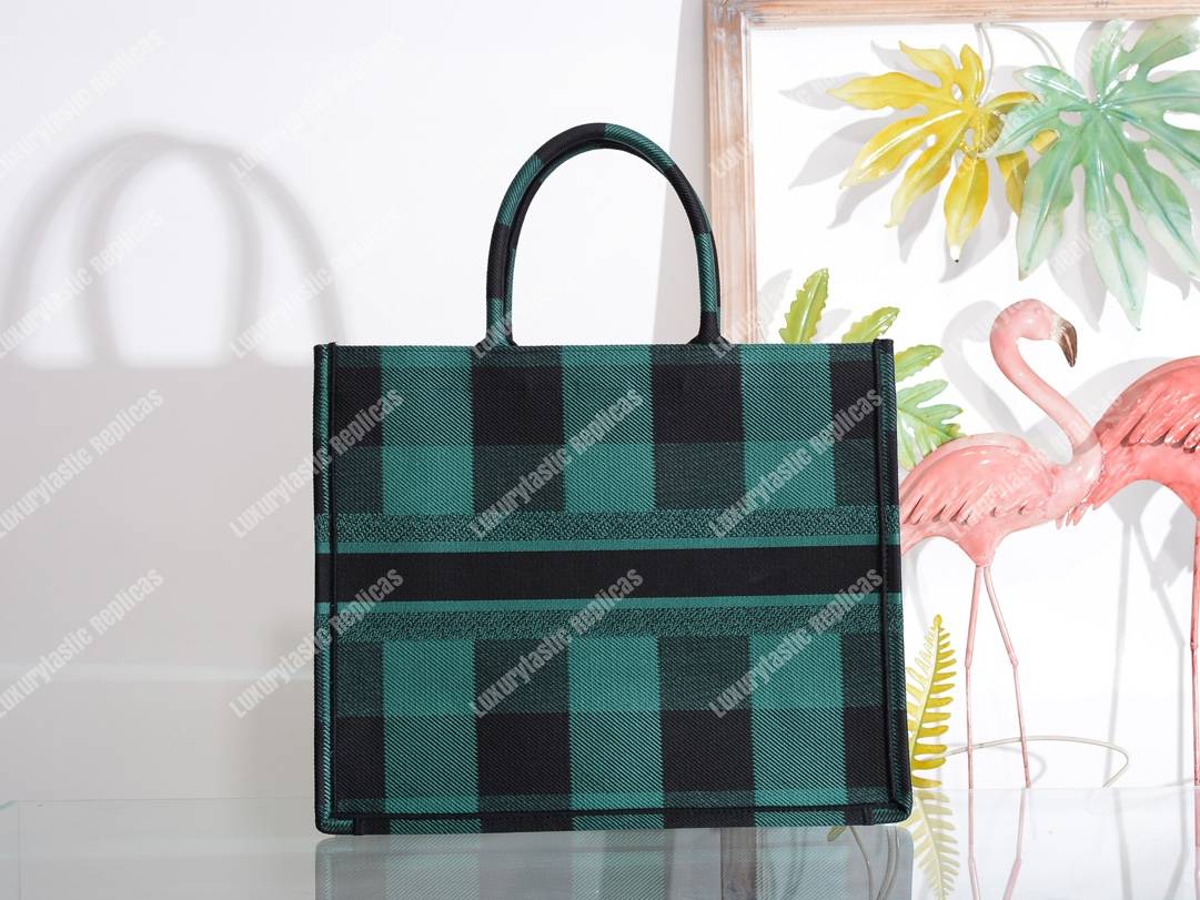D*or book tote in green & black embroidered canvas