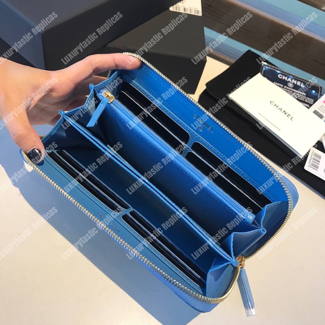 Ch*el 19 long zipped wallet sky blue