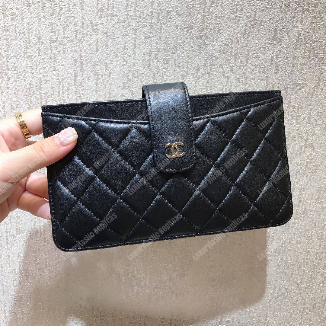 Ch*el classic pouch lambskin leather silver tone black