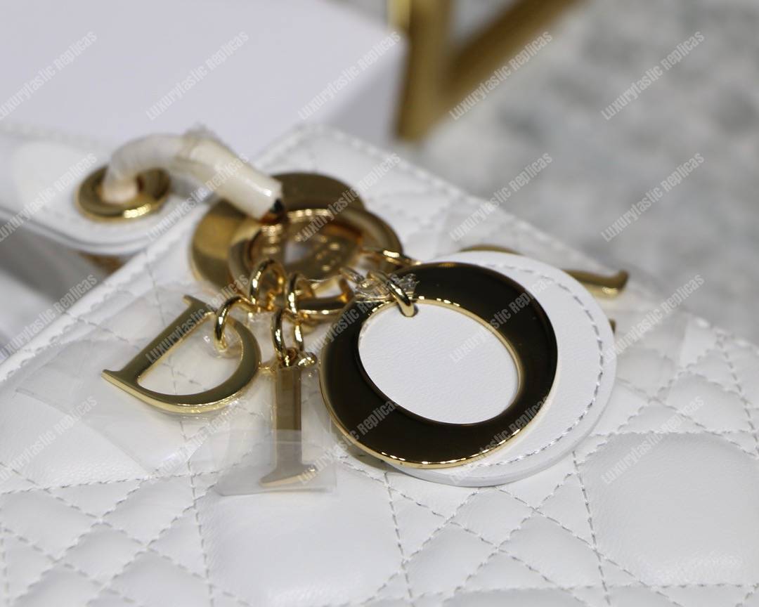 mini lady D*or lambskin bag storm white gold-tone metal
