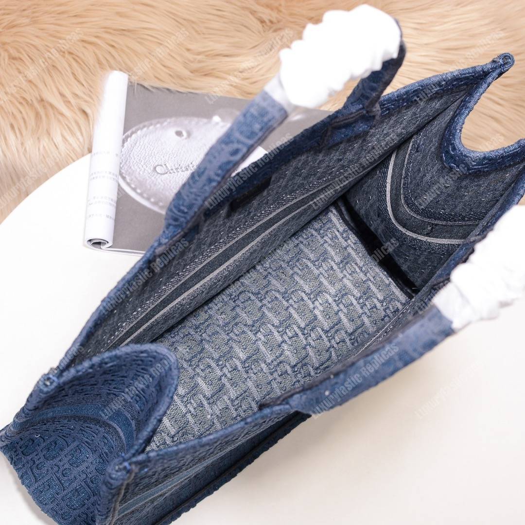 D*or book tote bag denim blue oblique embroidered canvas