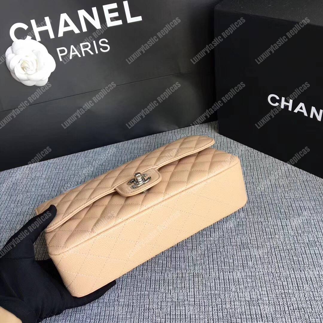 Ch*el medium classic handbag beige silver-tone metal