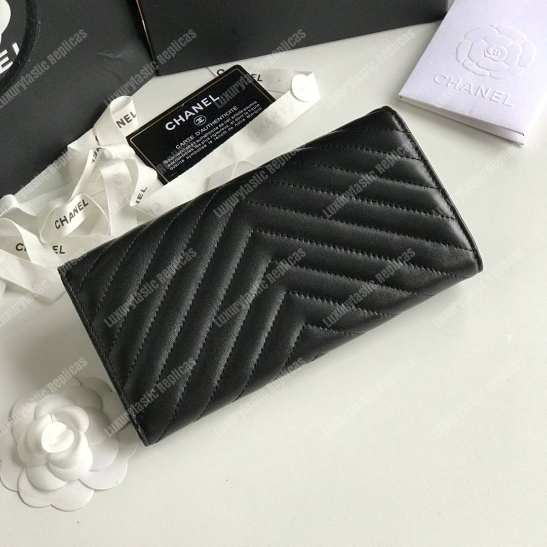 Ch*el classic long flap wallet chevron lambskin black