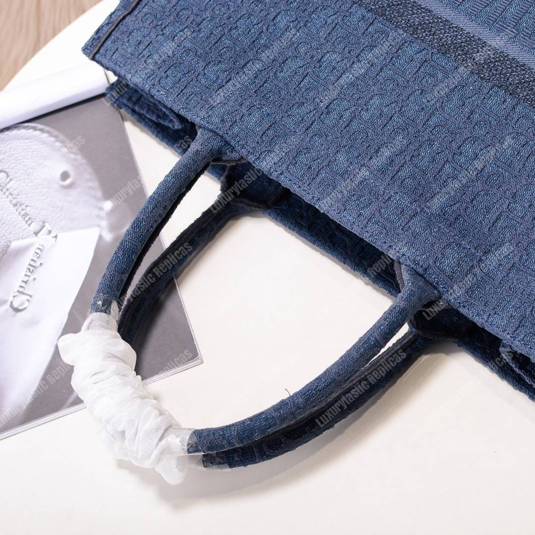 D*or book tote bag denim blue oblique embroidered canvas