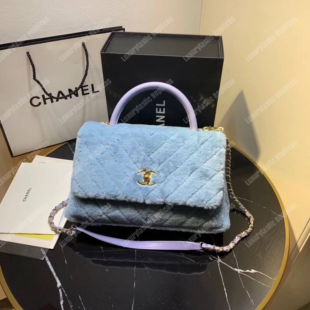 Ch*el flap bag with top handle sky blue