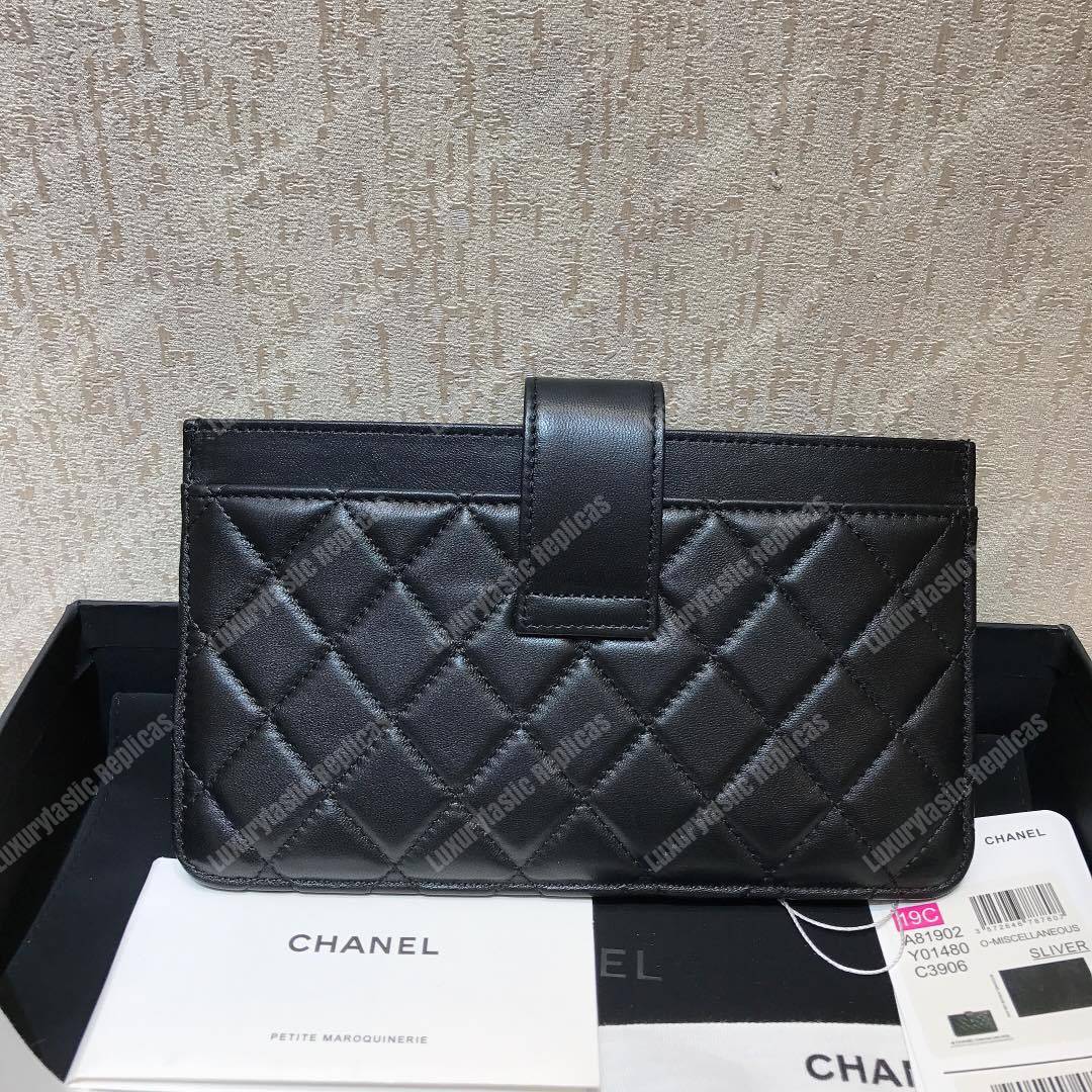 Ch*el classic pouch lambskin leather silver tone black
