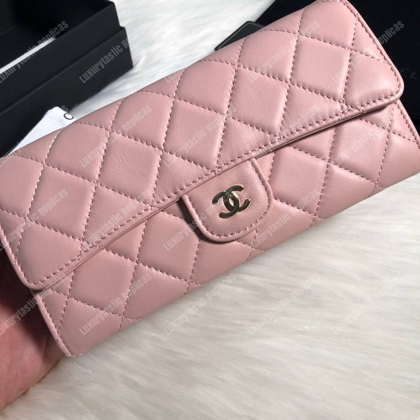 Ch*el classic long flap wallet lambskin leather pink