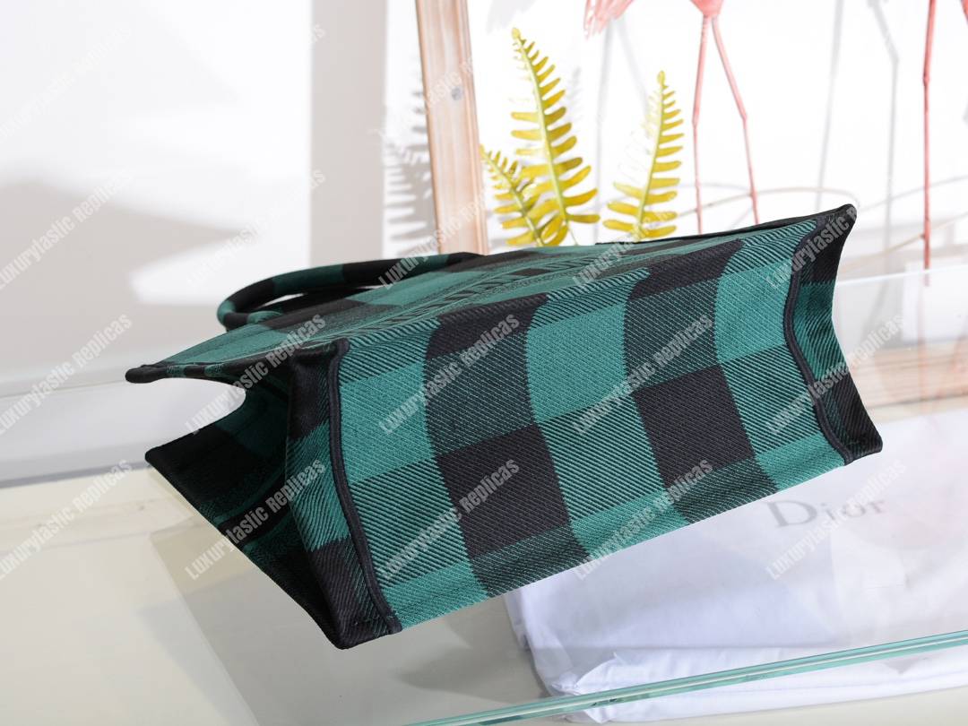 mini D*or book tote in green & black embroidered canvas