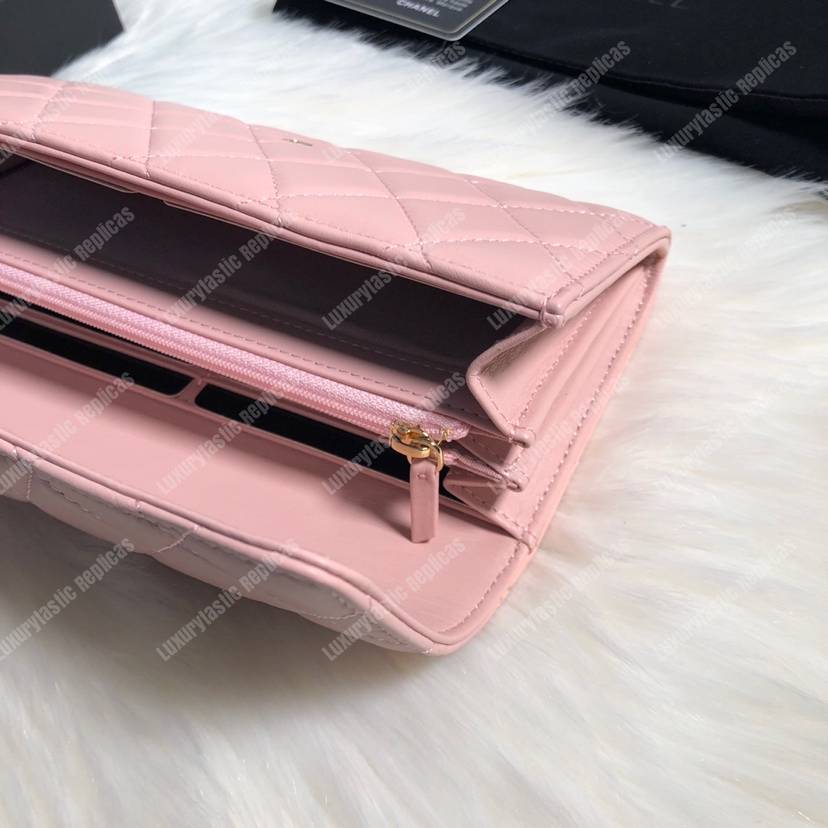 Ch*el classic long flap wallet lambskin leather pink