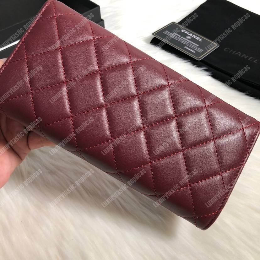 Ch*el classic long flap wallet lambskin leather burgundy