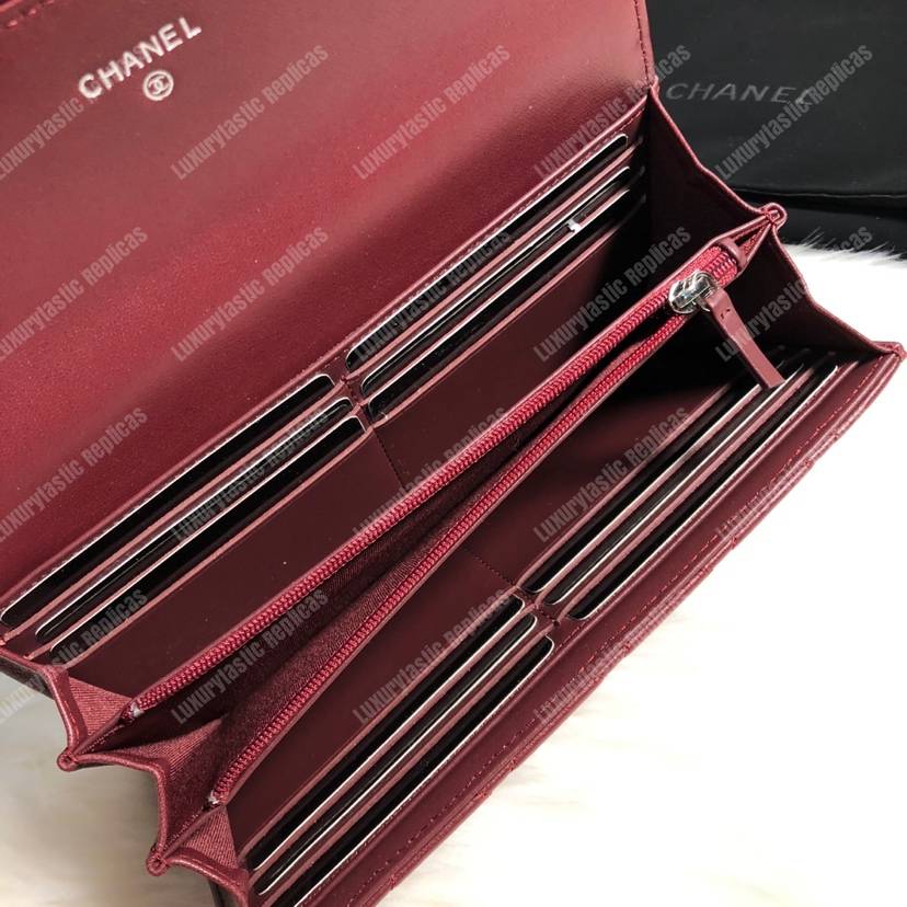 Ch*el classic long flap wallet lambskin leather burgundy