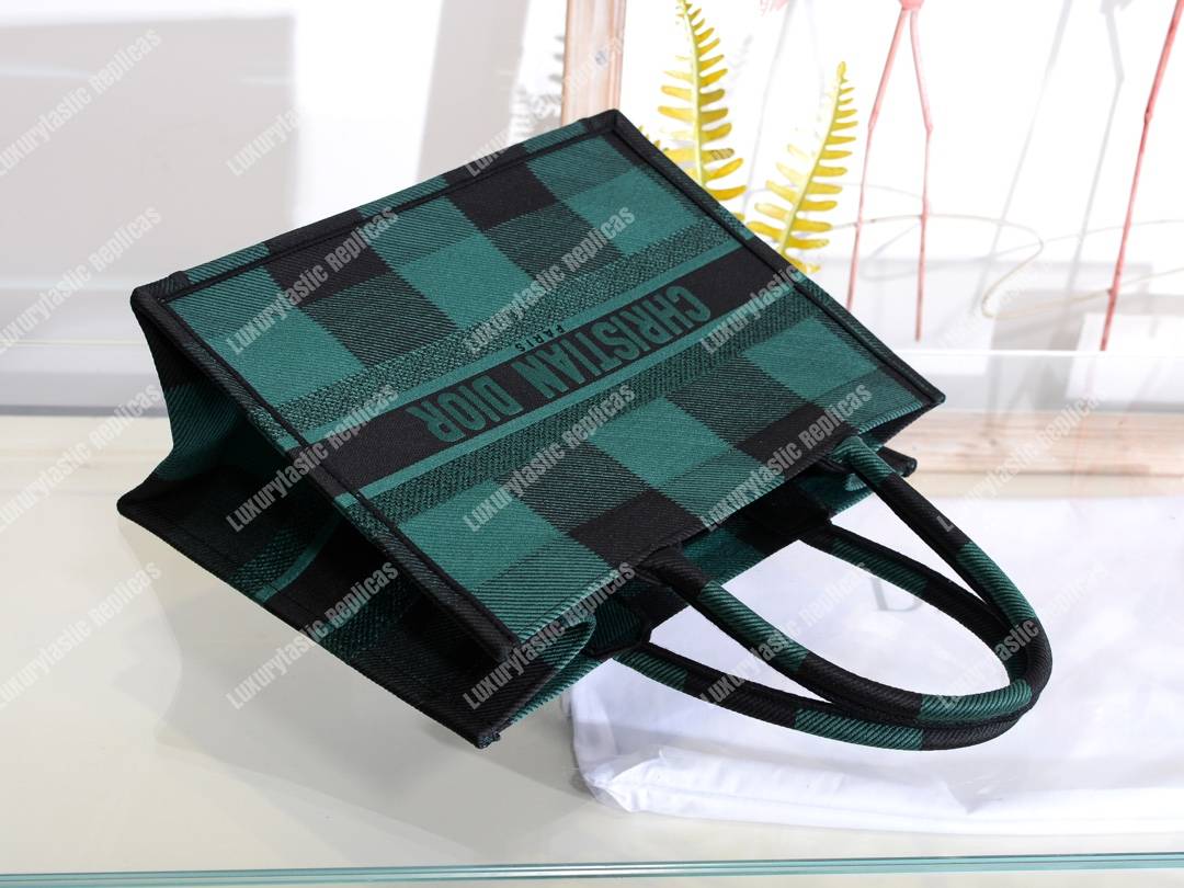mini D*or book tote in green & black embroidered canvas
