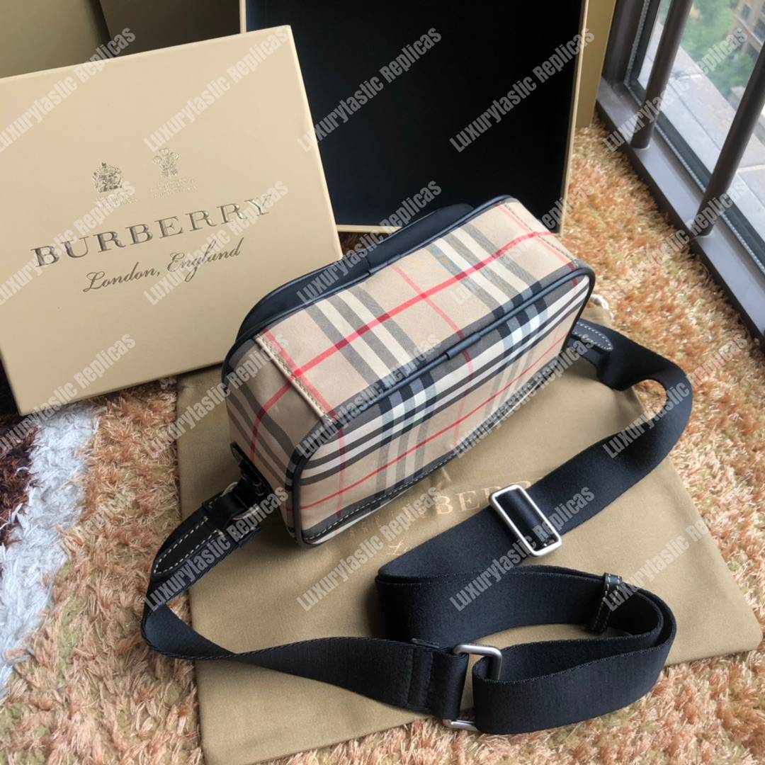 B**rry vintage check and leather crossbody bag archive beige