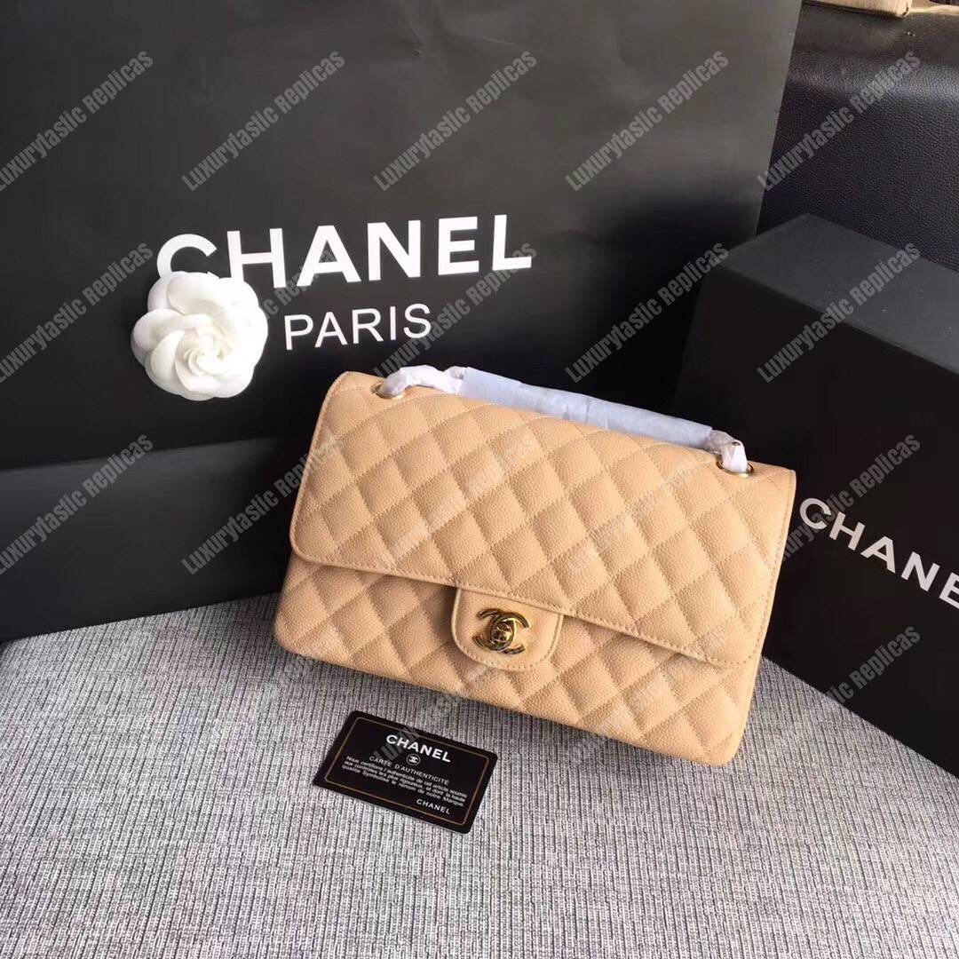 Ch*el medium classic handbag beige gold-tone metal