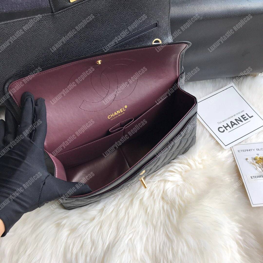 Ch*el classic maxi handbag black grained calfskin gold-toned