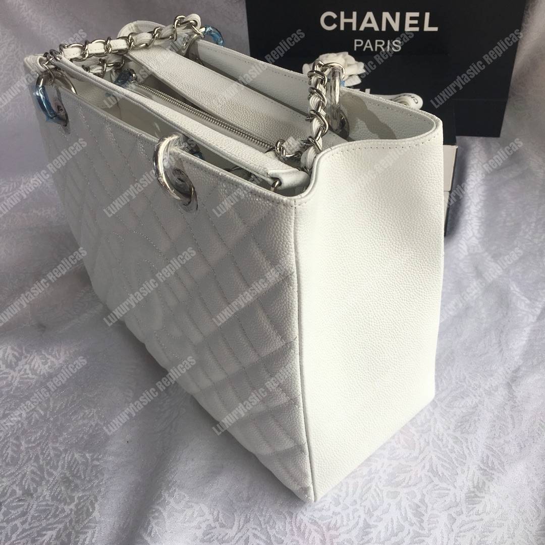 Ch*el large shopping tote silver tone white