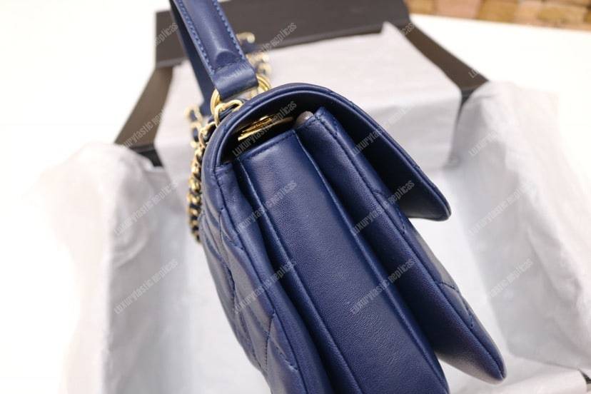 Ch*el small flap bag with top handle navy blue-gold